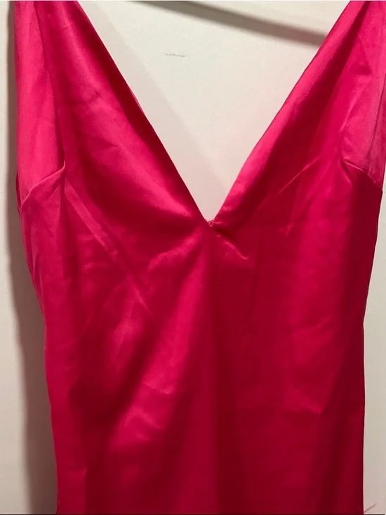 Peppermayo Hot Pink Satin Mini dress with Feather Hem - Picture 5 of 5